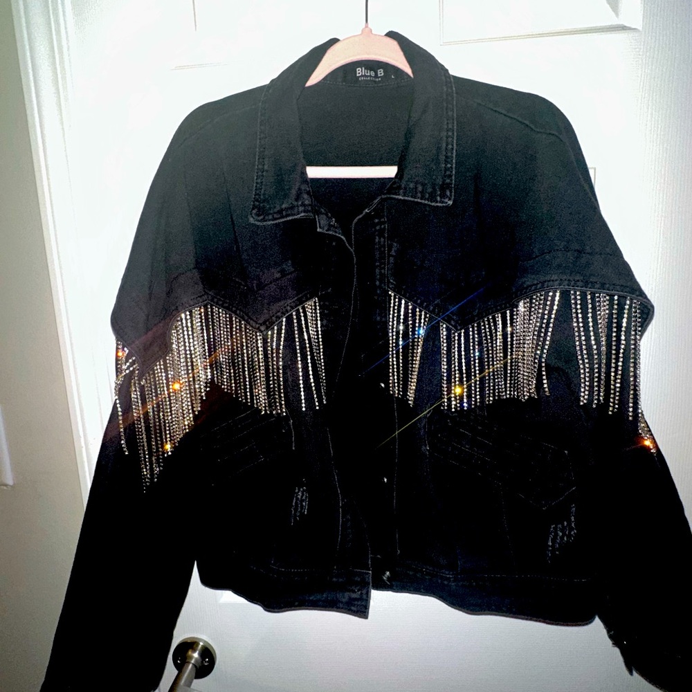 Black Jean jacket with rhinestone across front & back